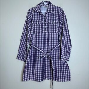 PRODOH Girls Purple Gingham Plaid Button Down Shirt‎ Dress with Belt Size 8